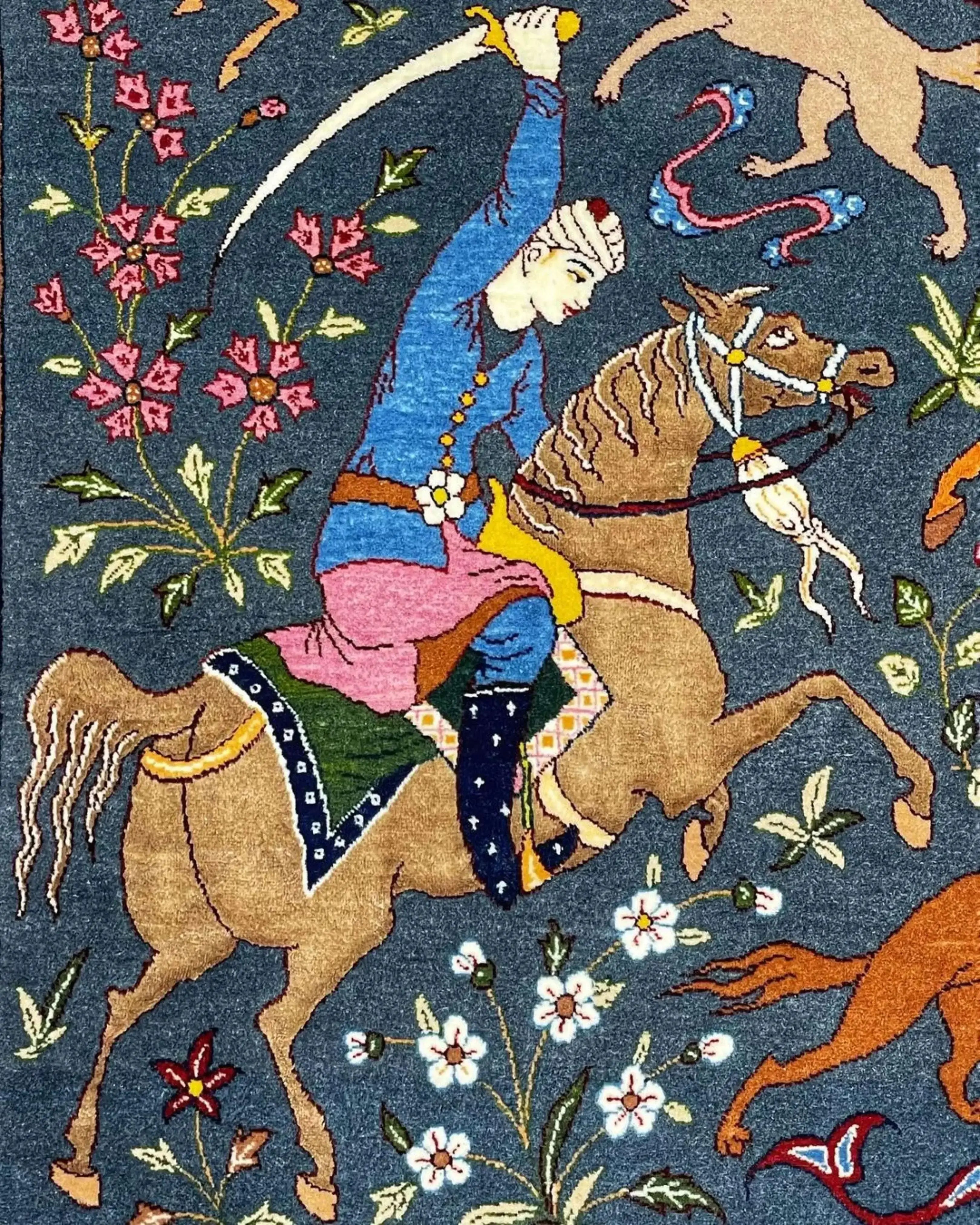 Unique Isfahan Seirafian rug featuring a traditional Persian hunting narrative.